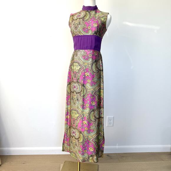 Vintage 60’s Paisley High Neck Psychedelic Maxi Dress Top Party Funky Mod - Picture 1 of 10